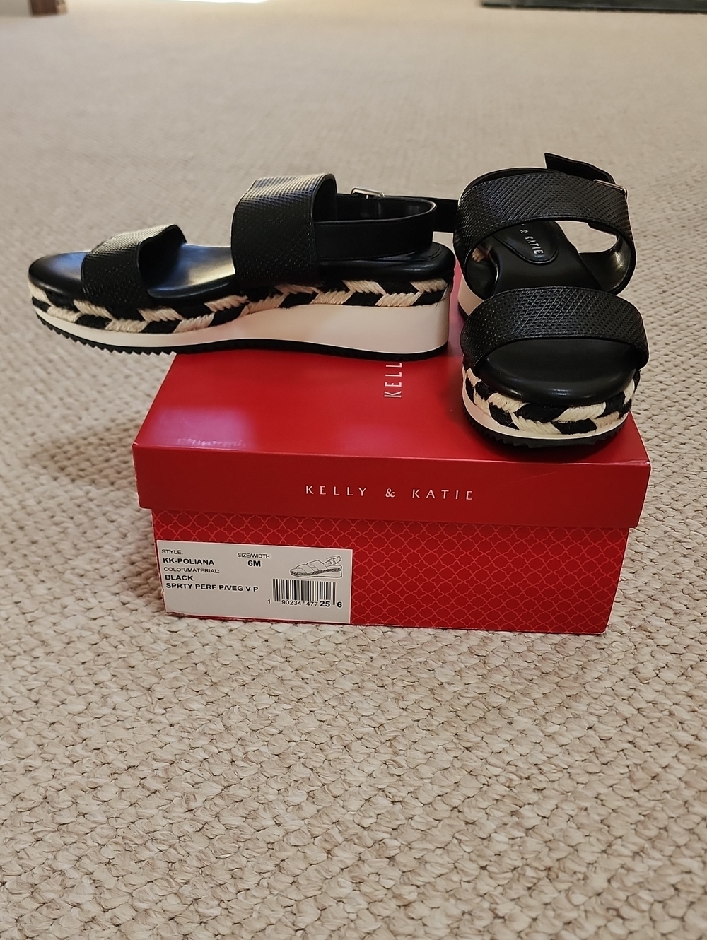 New Kelly & Katie Black Platform Wedge Sandals with Woven Trim Poliana Sz 6M
